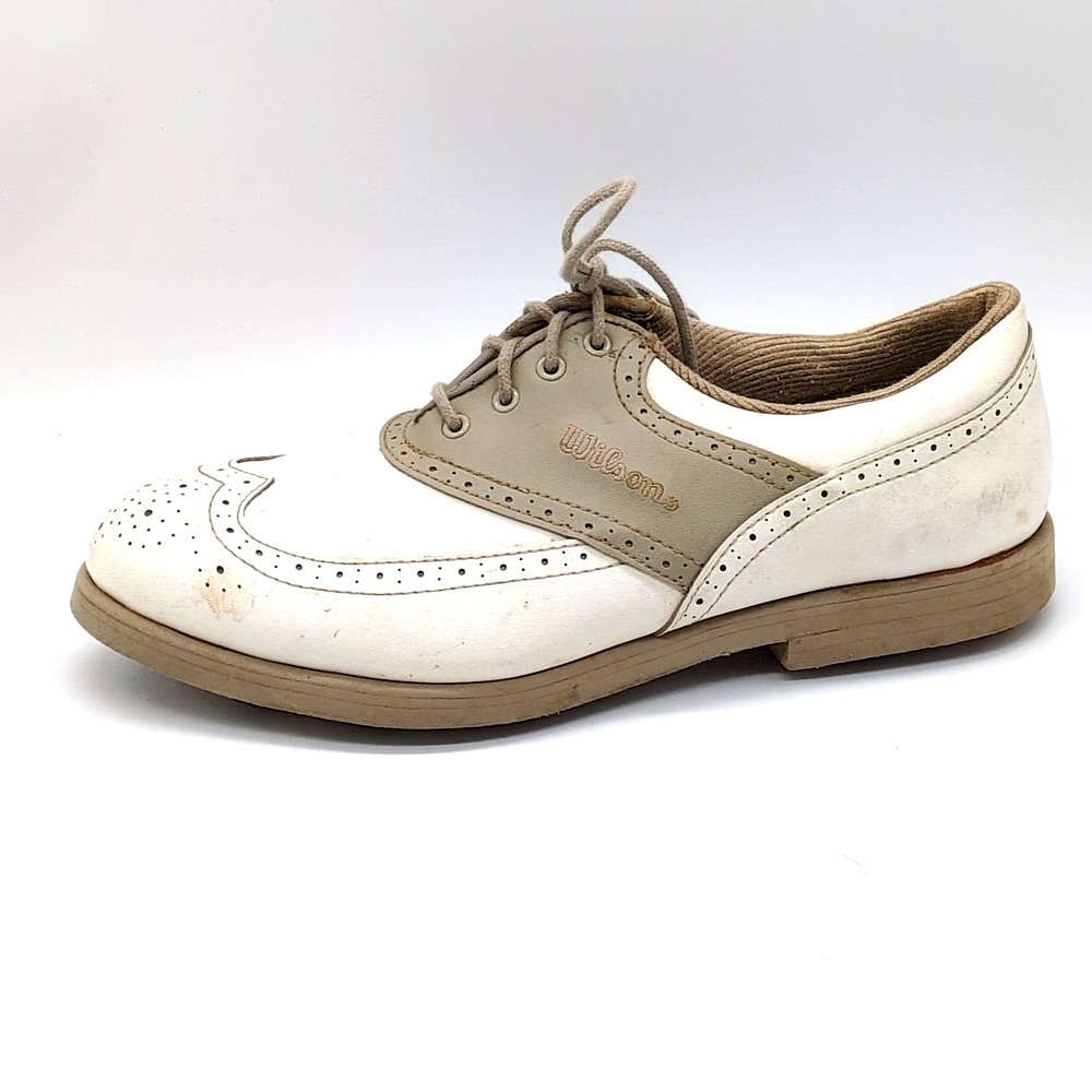 Wilson Prostaff Shoes Womens Beige 10 Leather‎ Golf Cleats Lace Up Wingtip GS361